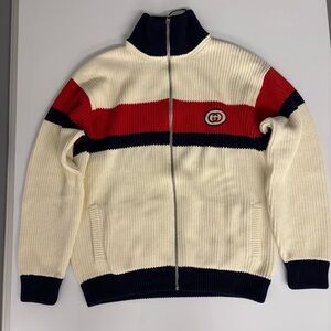 Gucci Men’s Zip-Up Knit Sweater Red White Blue GG Logo Luxury Designer